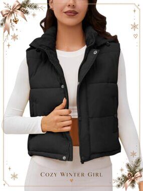 Womens Cropped Puffer Vest with Removable Hood Quilted Padded Winter Outerwear